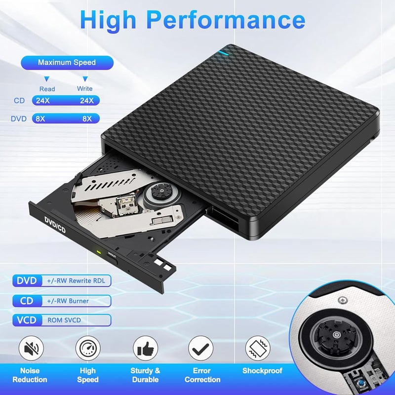 Guamar External CD DVD Drive: USB-C CD Burner Portable DVD Player Disc Reader for Laptop PC MacBook Mac Windows 11/10 with SD/TF Slot/2 USB Ports Plug & Play (Black) - Image 4